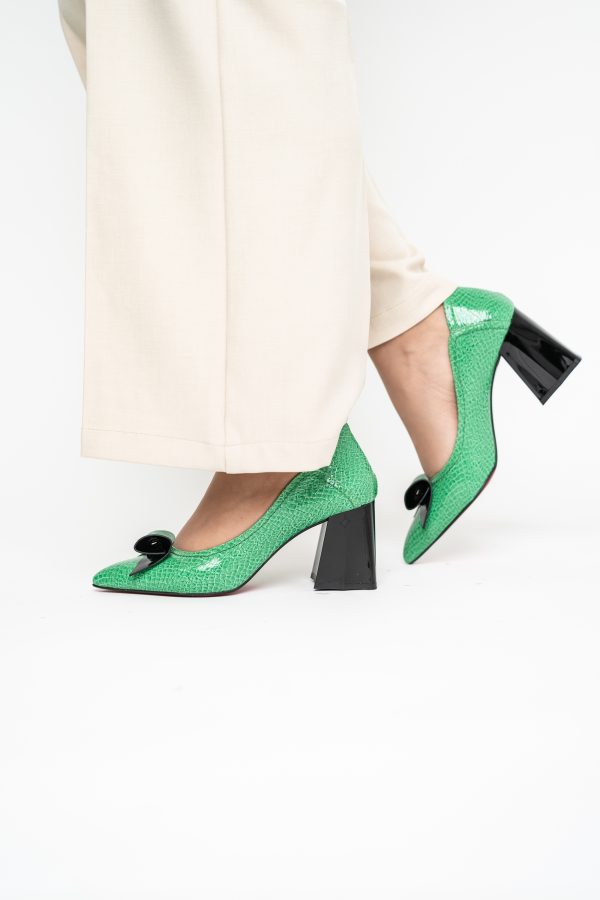Pantofi Damă cu Toc Gros Verde ondulat din Piele Ecologică Nicoletta BS2010D2503238 121
