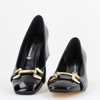 Pantofi damă casual cu toc negru lucios din piele ecologică Nicoletta BS402AY2503229